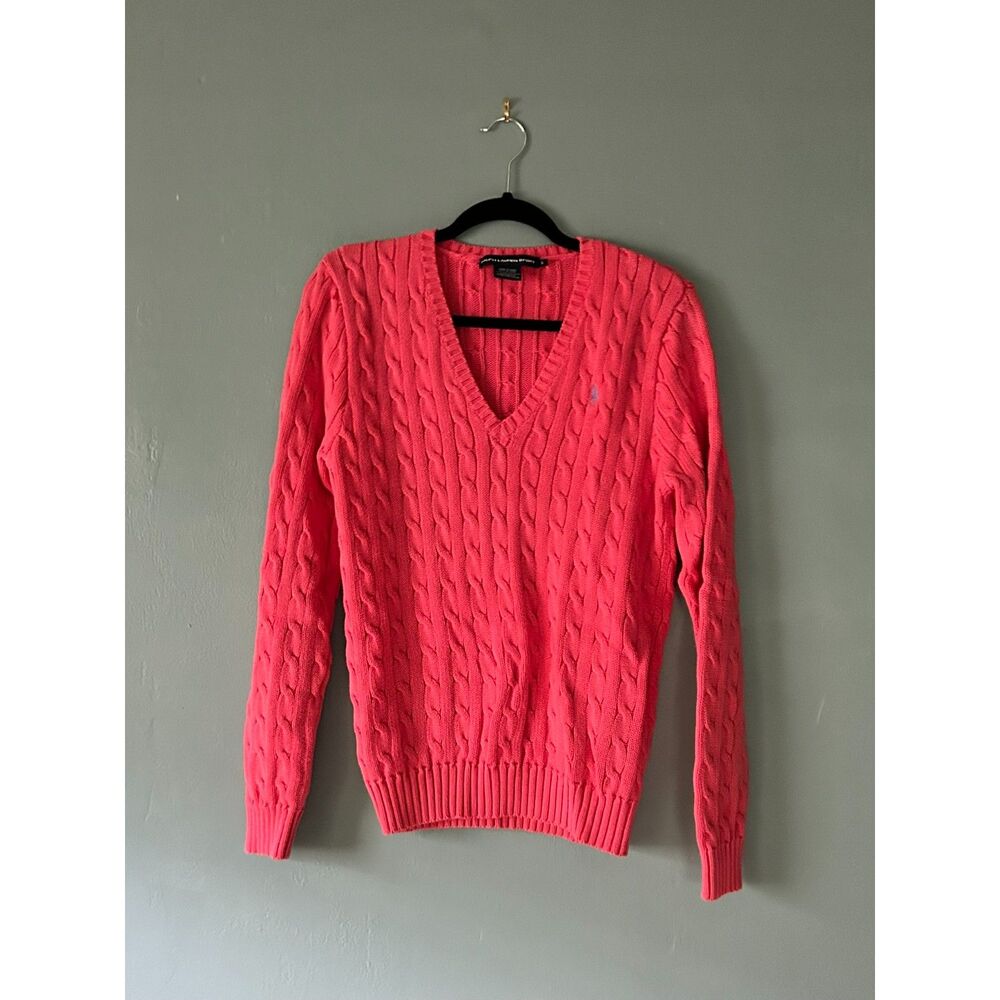 Ralph Lauren cable knit v neck pink cotton sweater size x-large